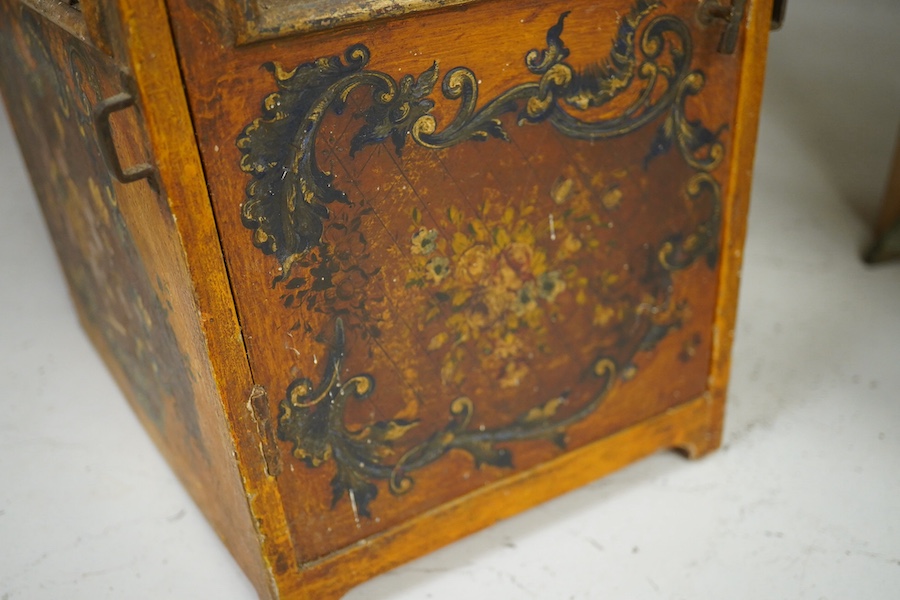 A Venetian painted wooden model of a sedan chair, probably designed for a doll, 36cm high. Condition - some crazing to the painted cartouche decoration, gilt worn, One glass panel missing